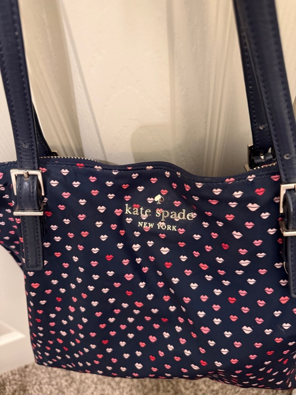Kate Spade Watson Lane Lucie Tote Bag- Navy with multicolored lips pattern - Picture 3 of 8